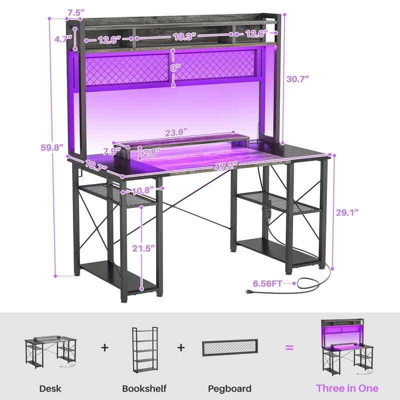 Gaming Deck with Charge Station and LED Light, Computer Table with Hutch and Shelves