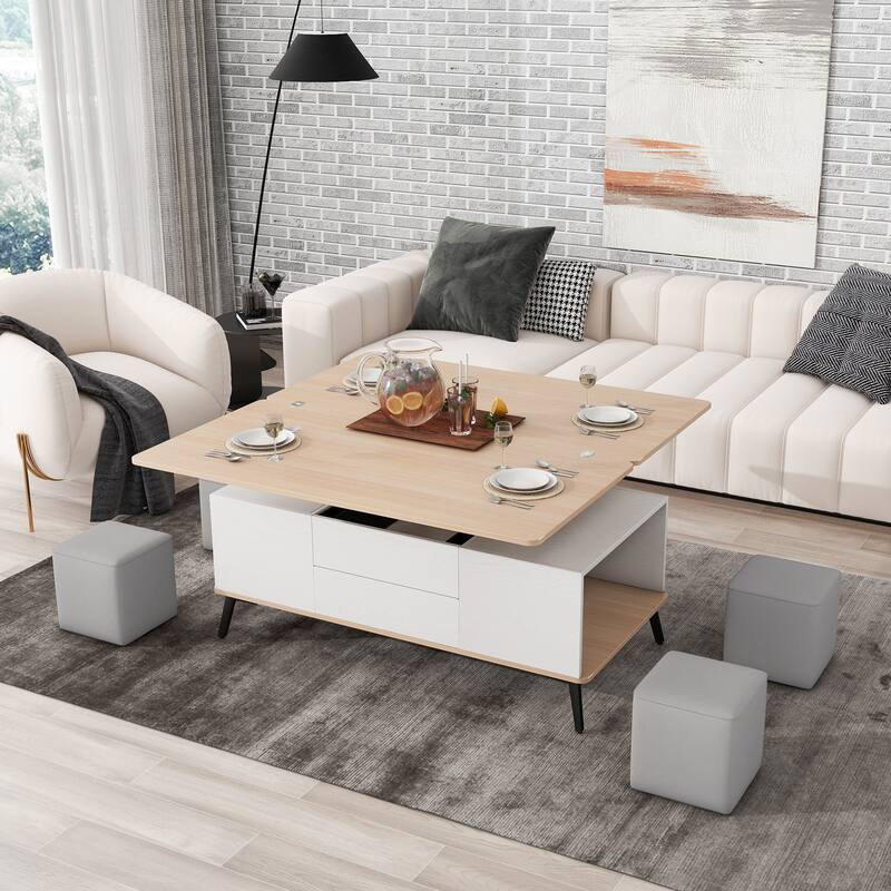 5 Pieces Lift Top Coffee Table Set with Ottomans
