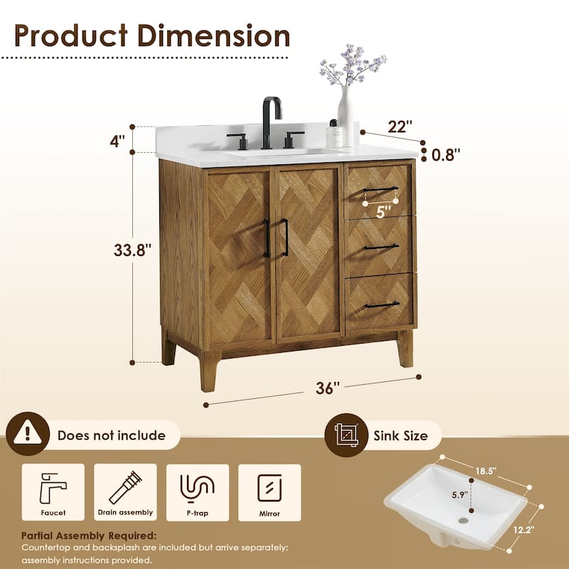 Clara Bathroom Vanity in Weathered Brown with Calacatta Truffle White Quartz Countertop No Mirror