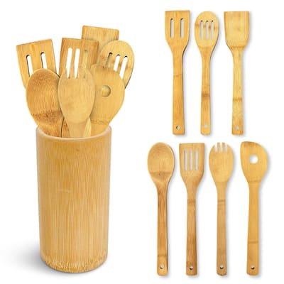 Cheer Collection 8-Piece Bamboo Wooden Cooking Utensils Set with Holder