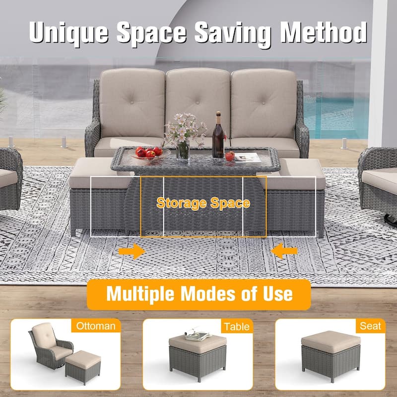 7 Pieces Patio Furniture Set with Swivel Rocking Chair, Coffee Table, Side Table for Backyard, Garden, Navy Blue/Beige/Orange
