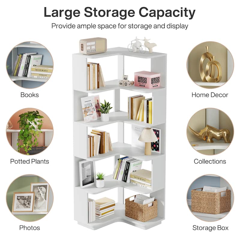 6-Tier Corner Book Shelf, 64.9"Tall Freestanding Wood Industrial Bookcase Bookshelf