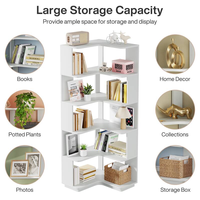 6-Tier Corner Bookshelf, Modern Bookcases for Home Office, Living Room - 23.62" D x 23.62" W × 64.96" H