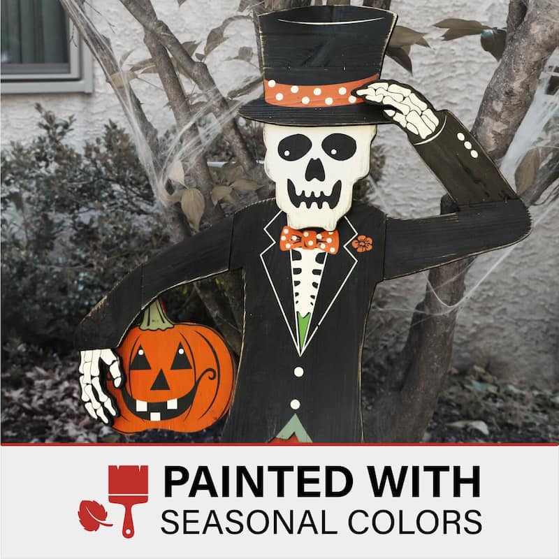 Haunted Hill Farm 46-In. Skeleton Holding a Carved Pumpkin Wood Yard Stake for Halloween Decoration