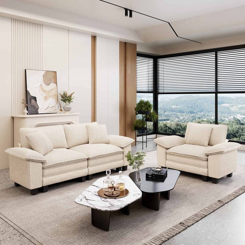 MAISON ARTS 2-Piece Chenille & Corduroy Sofa Set, Comfy 3/4/5-Seater Modular Loveseat & Armchair with Throw Pillows - Beige Corduroy(3 Pieces) - Left Facing