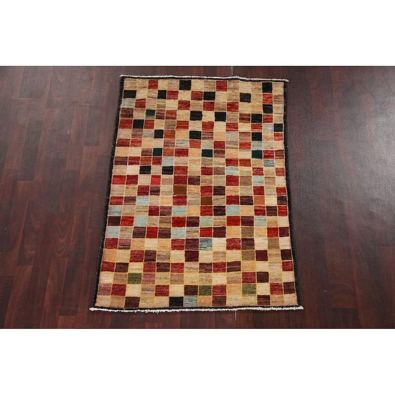 Checkered Gabbeh Kashkoli Oriental Area Rug Hand-knotted Wool Carpet - 3'4" x 4'10"