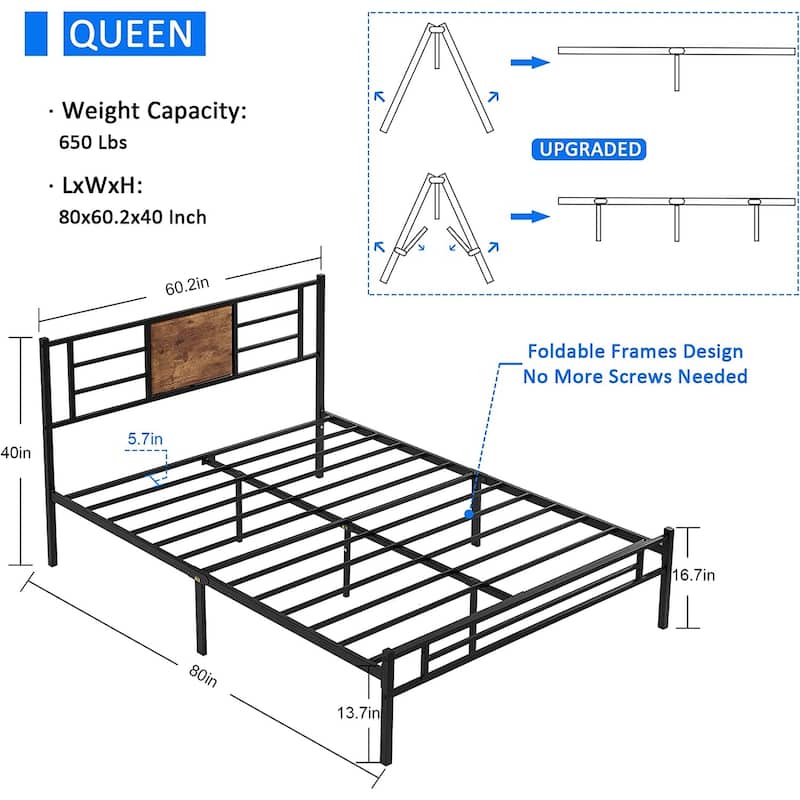 Javlergo Metal Platform Bed Frame with Wood and Metal Headboard, No Box Spring Needed