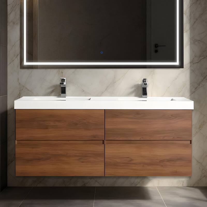 Blossom Wall Mounted Floating Bathroom Vanity with Double Acrylic Sink - Brown Walnut - 48" Acrylic Sink