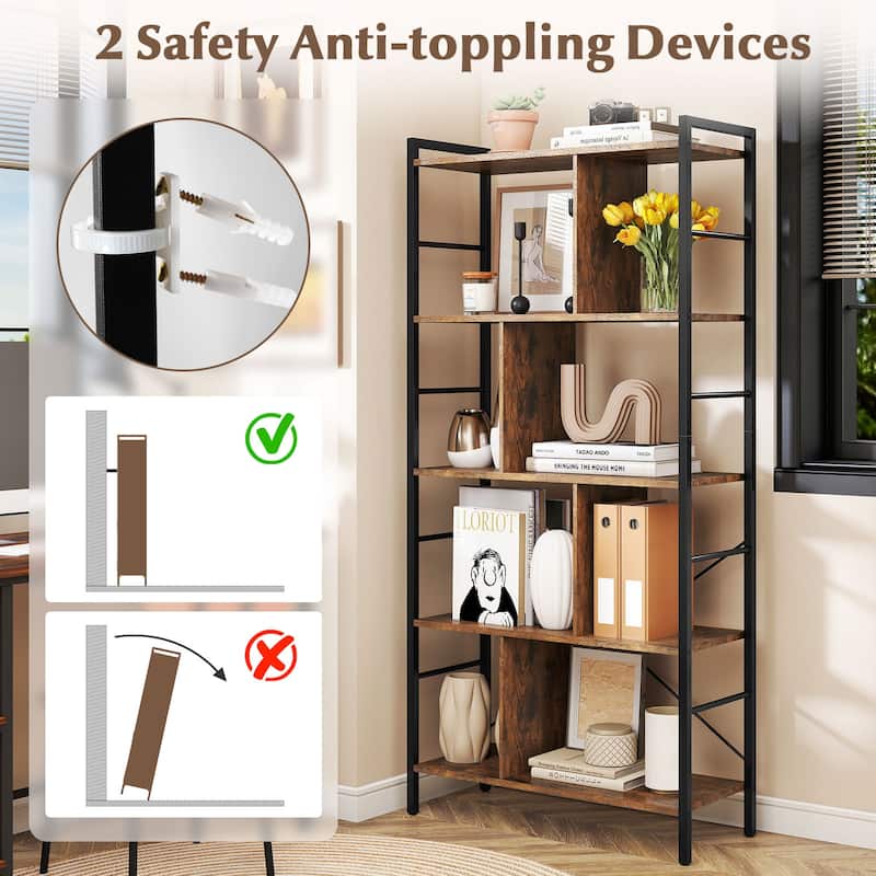 Gymax 2PCS 61'' 5-Tier Bookshelf w/Metal Frame 2 Anti-Tipping Devices