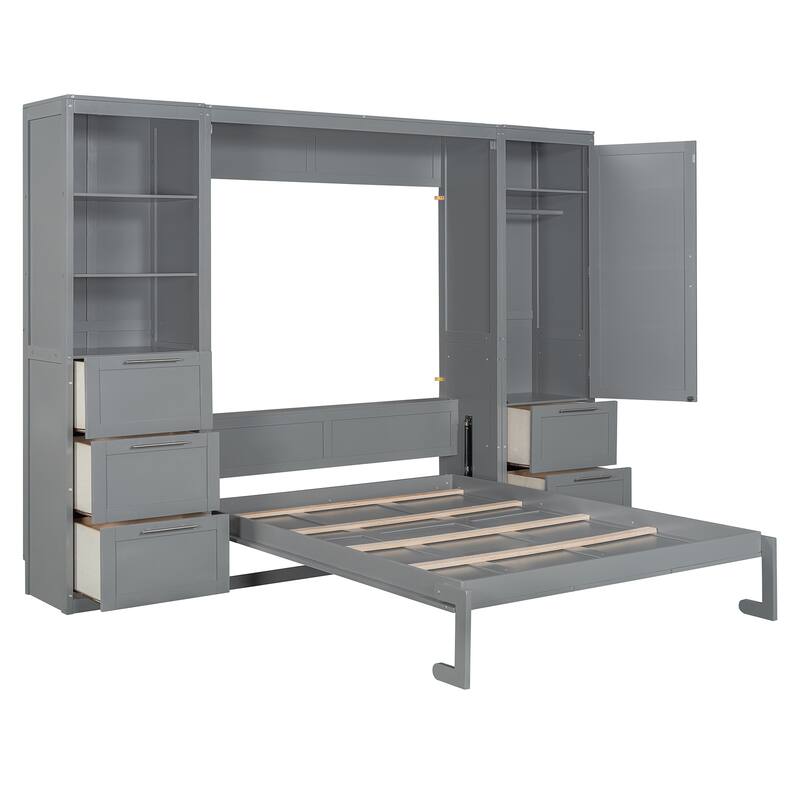 Space-Saving Queen Murphy Bed with Closet, Drawers & Shelves in Gray/White