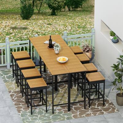 10-Piece Outdoor Dining Bistro Set with 8 Stools And 2 Wood Table