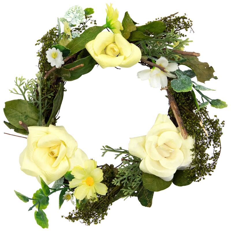 Mini Rose and Foliage Artificial Spring Wreath - 7" - Yellow