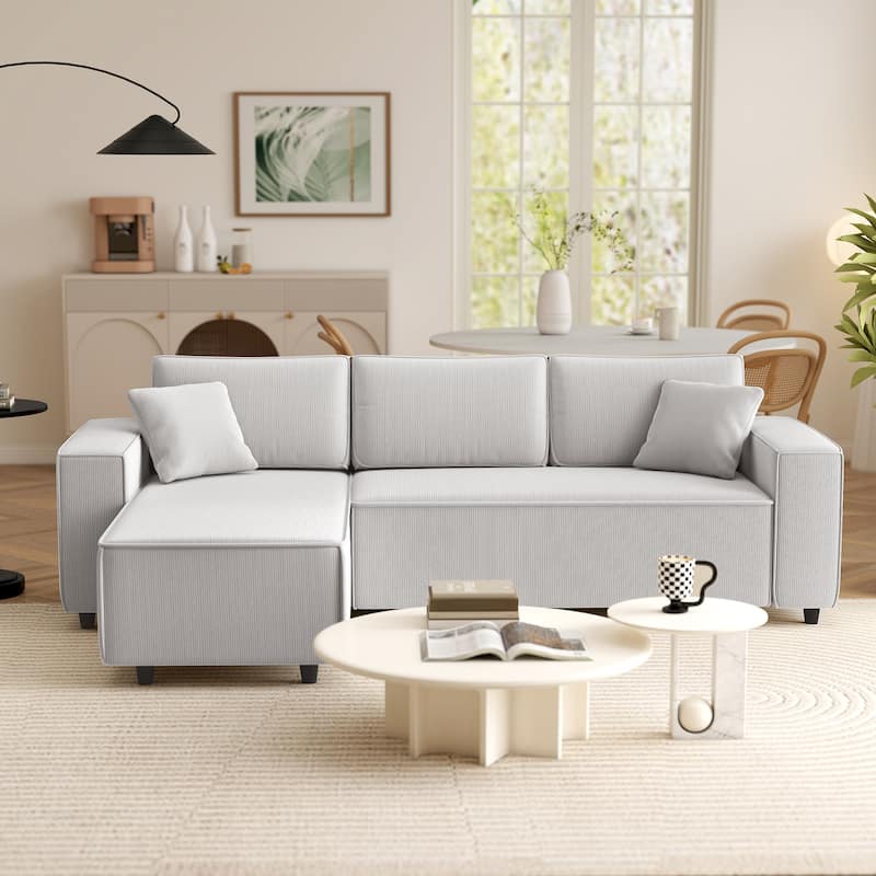 HOMCOM 95" Sectional Sofa with Reversible Chaise Lounge, L-Shaped Corner Sofa with Corduroy Fabric, Pocket Spring, 2 Pillows