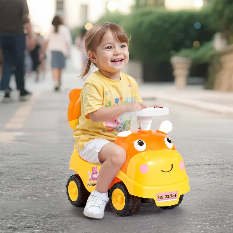 Kids Ride-On Toy with Music, Horn, and Under-Seat Storage - 19.7 x 9.4 x 16.3 in