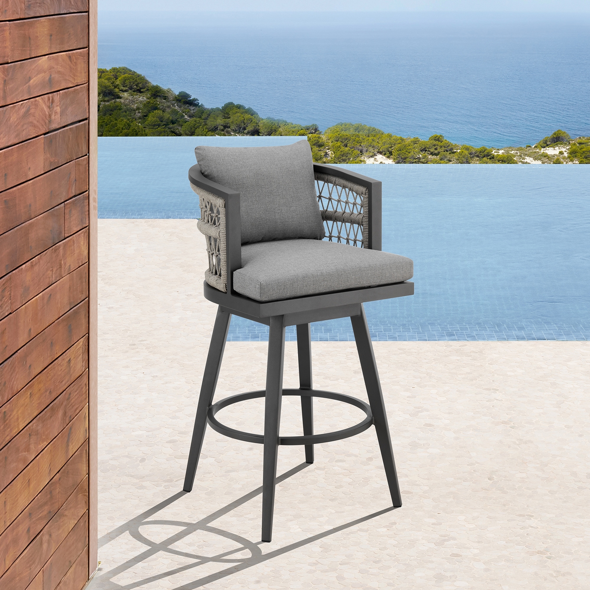 Zella Outdoor Patio Swivel Counter Stool in Aluminum with Rope and Cushions