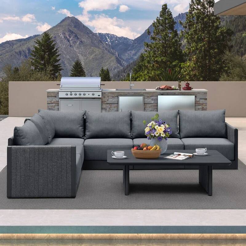 PURPLE LEAF Sanori Sectional Sofa Patio Conversation Set with Grey Ottoman and Cushion for Poolside Graden Couch