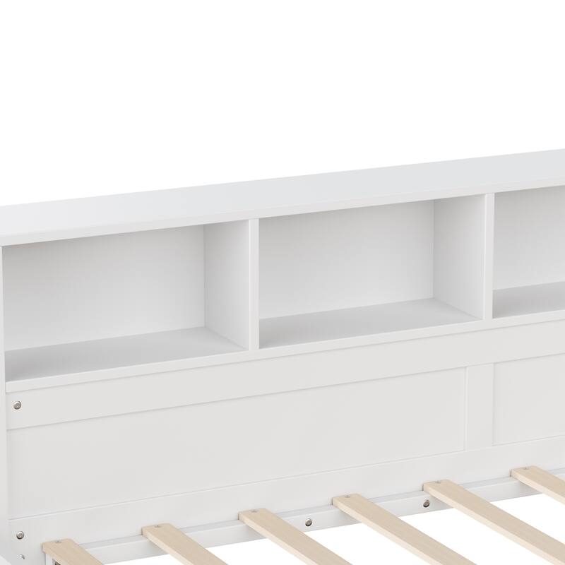 Twin Size L-Shape Daybed with 3 Pull-out Drawers, Wooden Corner Bed Frame with Storage Bookshelf