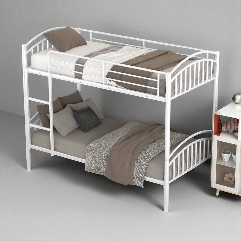 Twin Over Twin Metal Bunk Bed with Ladder and Safety Rails, Convertible into Two Twin Beds, No Box Spring Needed - White - Twin
