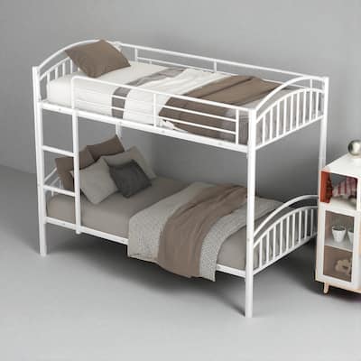 Twin Over Twin Metal Bunk Bed with Ladder and Safety Rails, Convertible into Two Twin Beds, No Box Spring Needed
