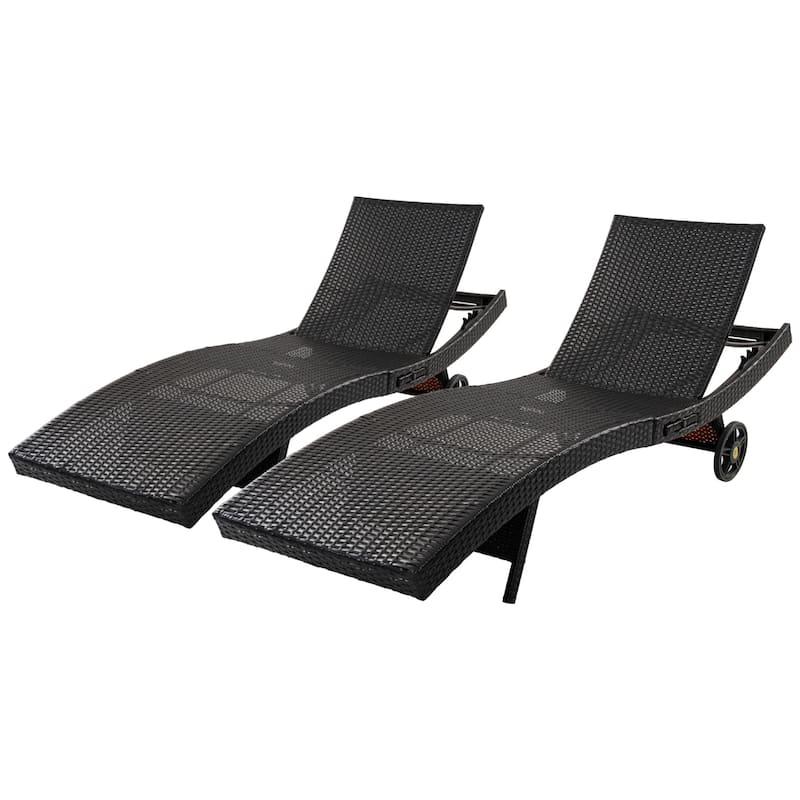 80"Patio Chaise Lounge Chairs Set of 2, Rattan Reclining Chair w/Rolling Wheels & Pull-out Side Table, Adjustable Backrest