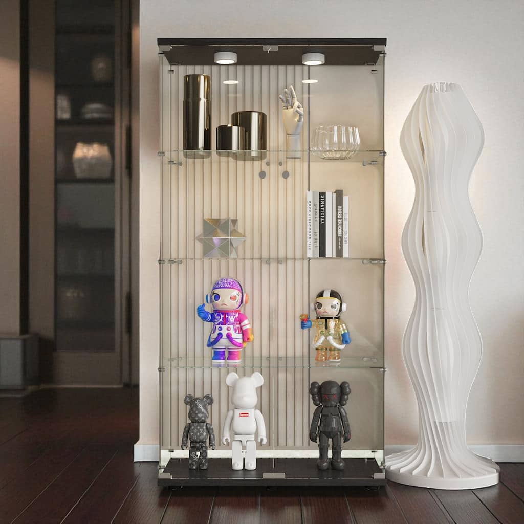 Tempered Glass Display Cabinet with Door Lock, Adjustable Feet and Colorful LED Lights, Wine Storage Curio Cabinet