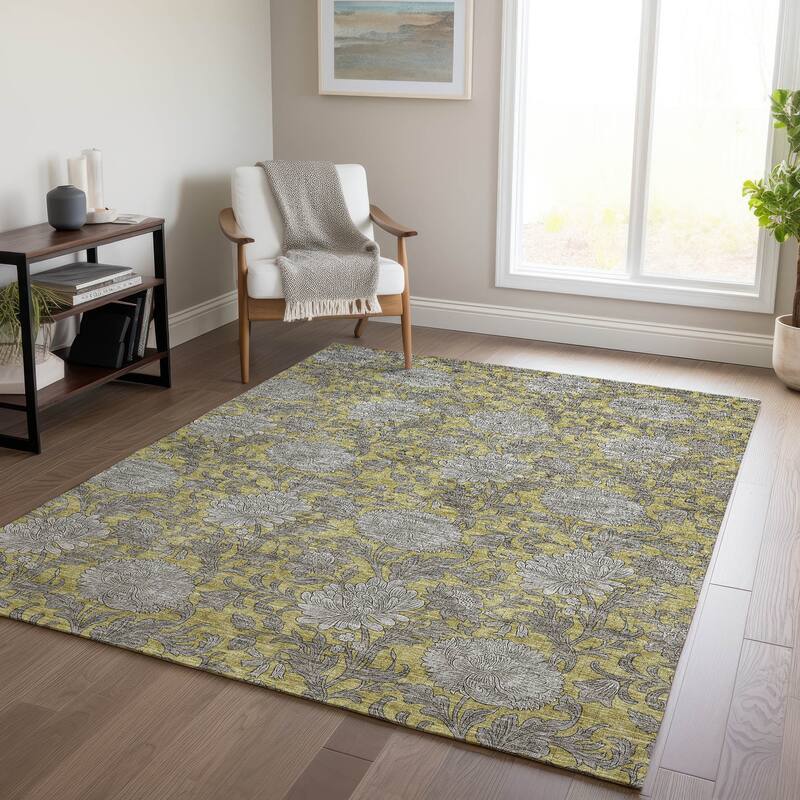 Machine Washable Indoor/ Outdoor Chantille Floral Rug - Gold - 3' x 5'