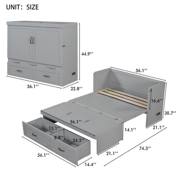 Full Murphy Bed with USB Ports, Large Drawers and Metal Handles
