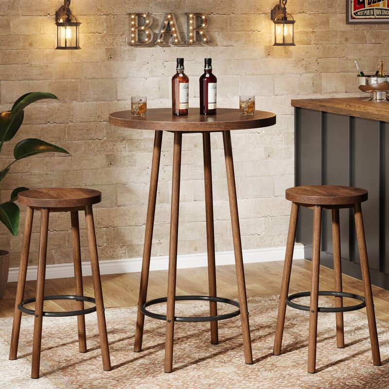 Industrial Pub Table Set: 23.6" Round Bar Table with 2 Stools