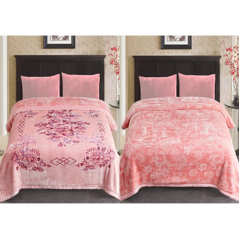 Reversible 10.5 Pounds Plush Fleece Blankets, 2 PLY A&B Design 87" x 95" Bed Blankets for Winter - Pink Flower