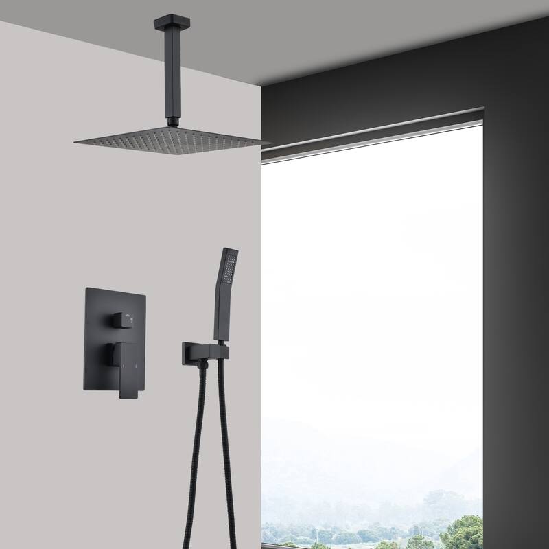 Shower Faucets Sets Complete Shower System 12 Inches Rain Shower Head with Handheld Shower Valve - MatteBlack