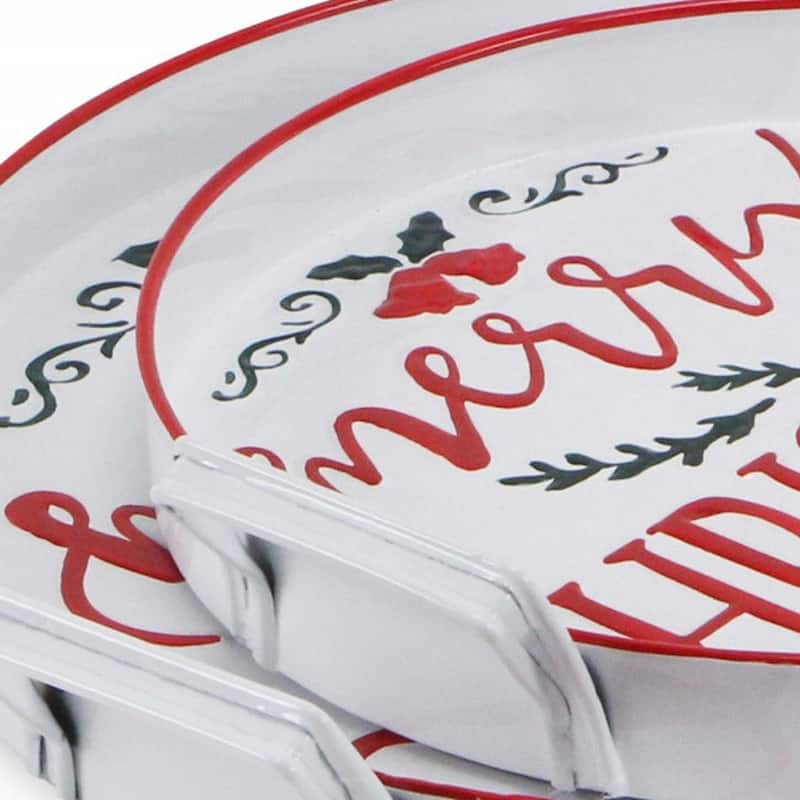 HomeRoots Set of Two White Round Metal Christmas Handmade Serving Tray With Handles - 17.75 in. x 2.50 in. x 16.00 in.