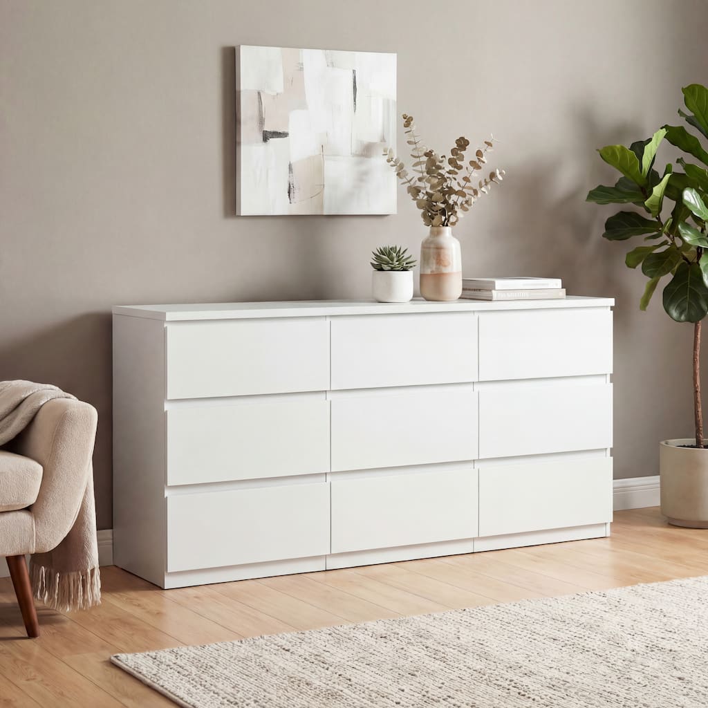 9-Drawer Dresser Chest of Drawers, White Living Room Clothing Storage Cabinet Organizer Wardrobe Armoire Closet