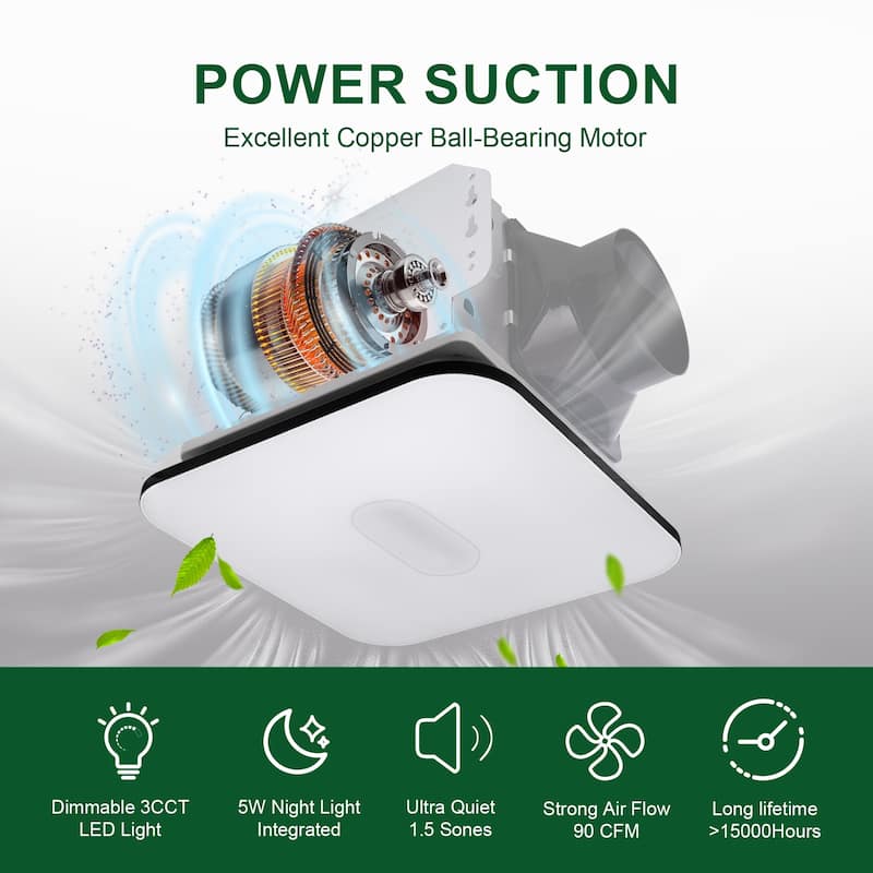 90 CFM Bathroom Fan with Light 1.5 Sones Exhaust Fan Nightlight Included