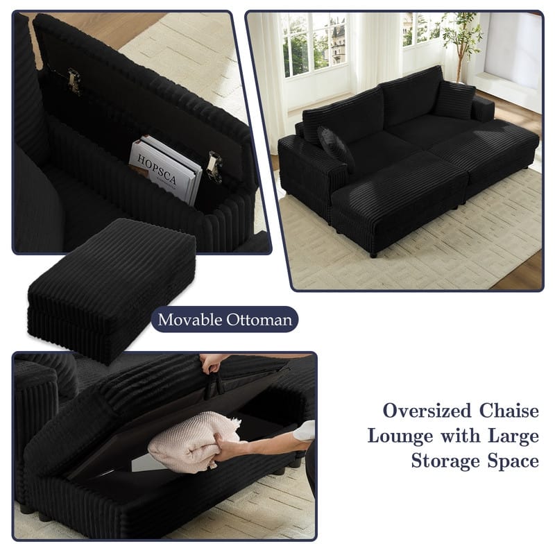 Mixoy 85‘’Corduroy Loveseat Chaise Lounge with Storage Ottoman&Armrests,Upholstered 2-Seater Sleeper Reclining Chair Indoor