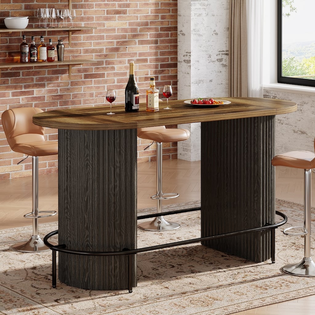 Modern Industrial Oval Bar Table, Counter Height Pub Dining Table with Footrest