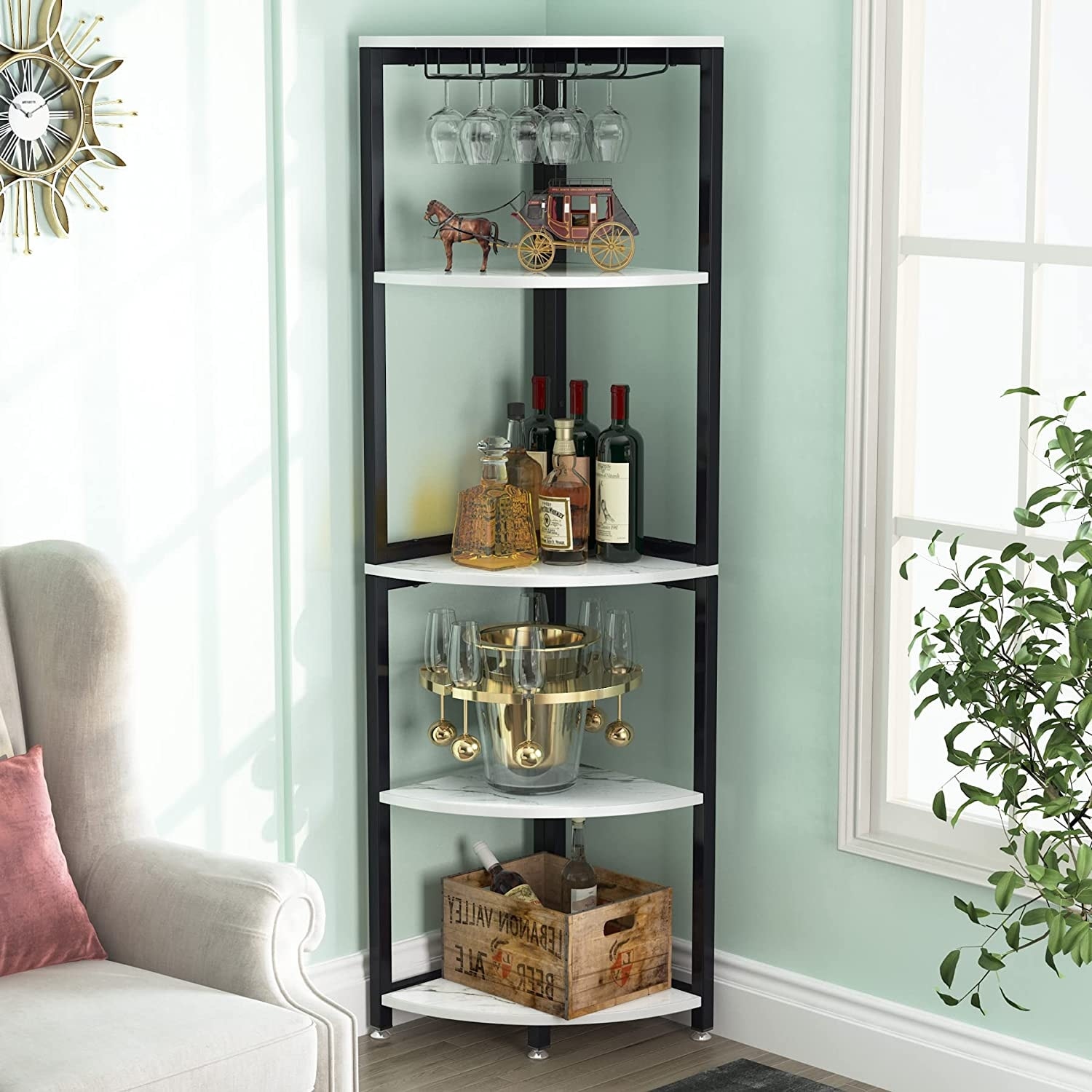 Corner Shelf, Corner Wine Rack with Glass Holder, 5 Tier Corner