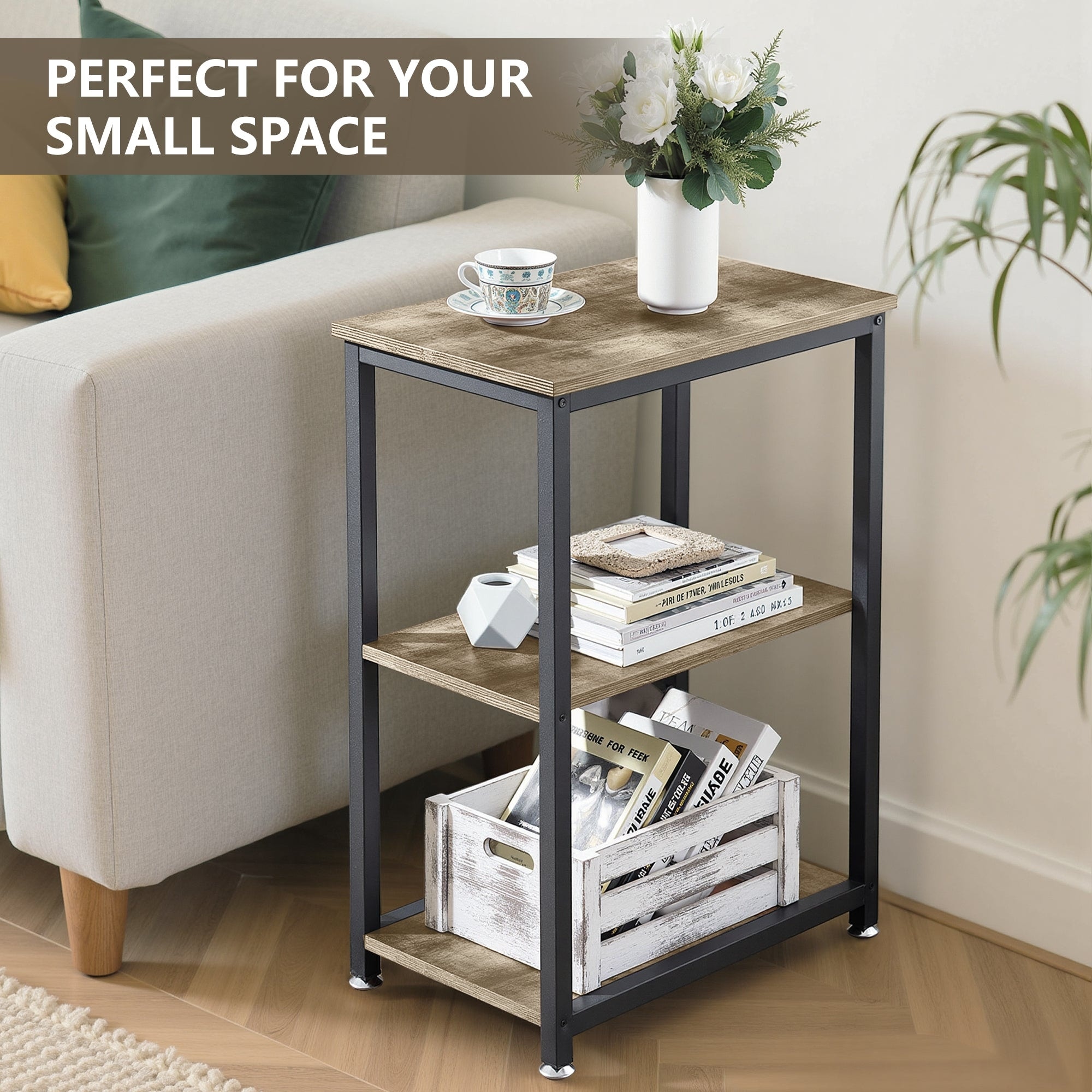 Javlergo Set of 2 End Side Table with 3-Tier Storage Shelf - On