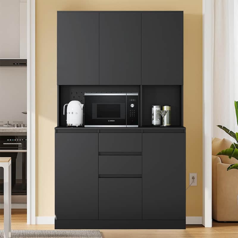 74" Freestanding Kitchen Pantry Cabinet w/Drawers, Storage Microwave - W43.66*D15.74*H74.00