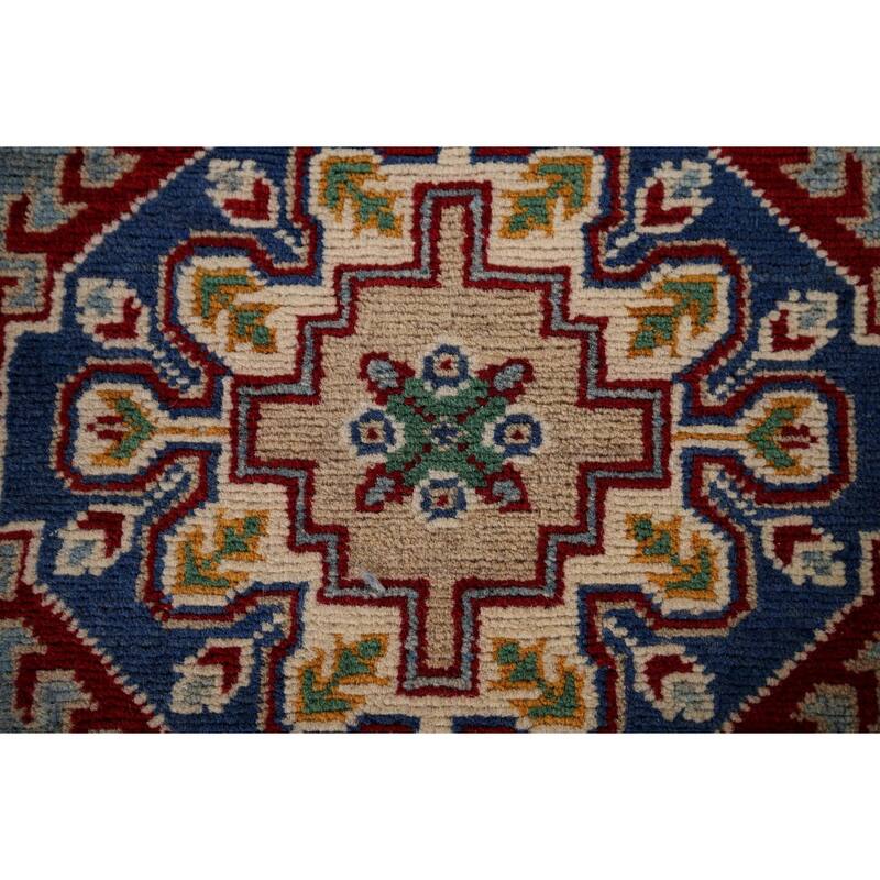Light Blue Kazak Oriental Runner Rug Handmade Geometric Wool Carpet - 2'7" x 12'7"