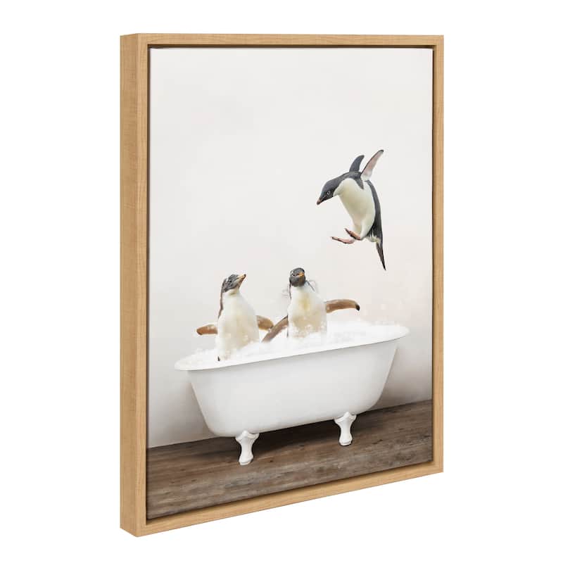 Kate and Laurel Sylvie Penguins Bath Framed Canvas by Amy Peterson - Natural