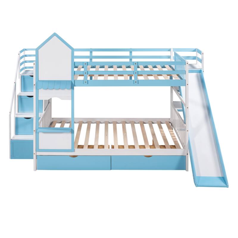 Castle Style Bunk Bed with 2 Drawers 3 Shelves and Slide