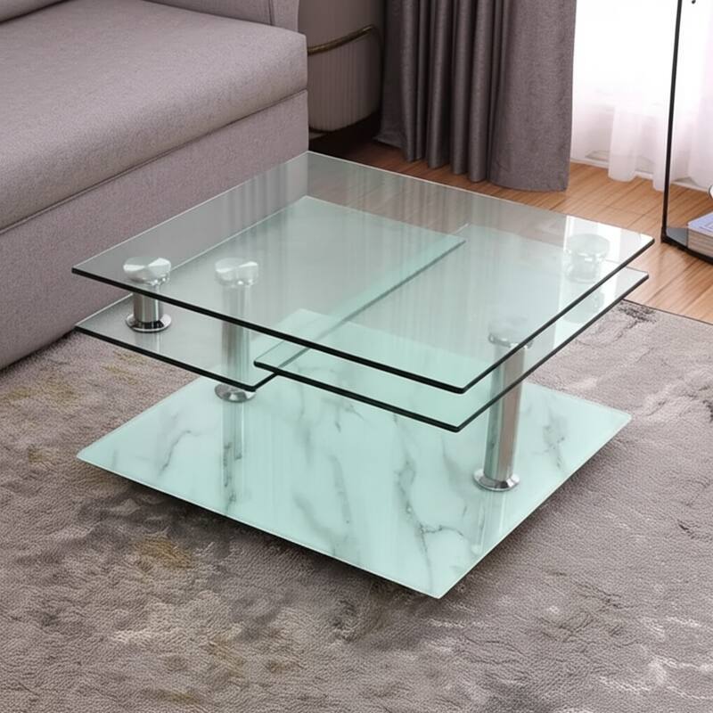 HomeRoots 32" Clear and White Faux Marble Glass and Metal Coffee Table With Three Shelves - 31.50 in. x 17.00 in. x 32.00 in. - Clear