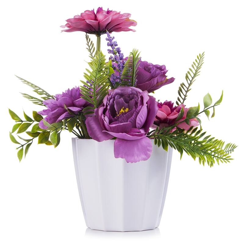 Enova Home Mixed Artificial Silk Peony and Dahlia Fake Flowers Arrangement in White Pot for Home Office Decoration - Purple