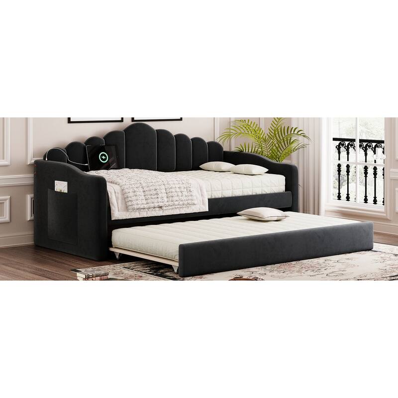 Twin Size Velvet Upholstered Daybed Vertical Stripes Backrest Sofa Bed with Trundle Bed, 2 USB Charging Ports, 2 Large Pockets