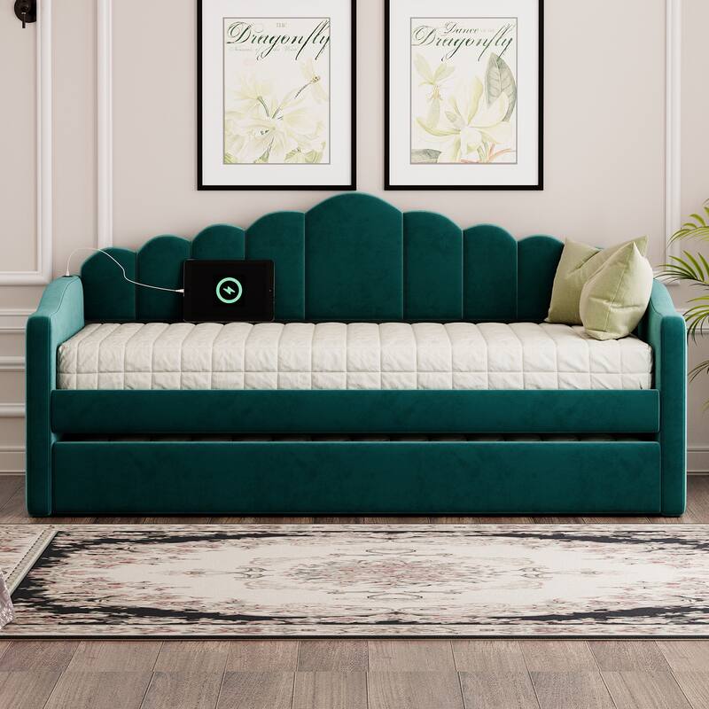 Twin Size Velvet Upholstered Daybed Vertical Stripes Backrest Sofa Bed with Trundle Bed, 2 USB Charging Ports, 2 Large Pockets