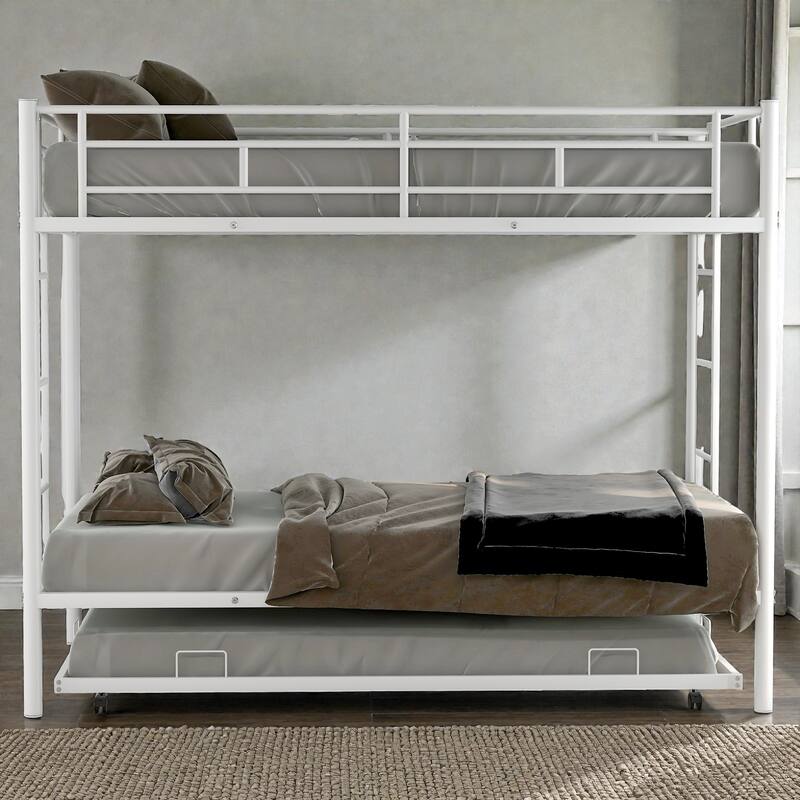 Twin over Twin Metal Bunk Bed with Trundle, Space Saving Bunk Bed with Ladder and Guardrails - White - Twin