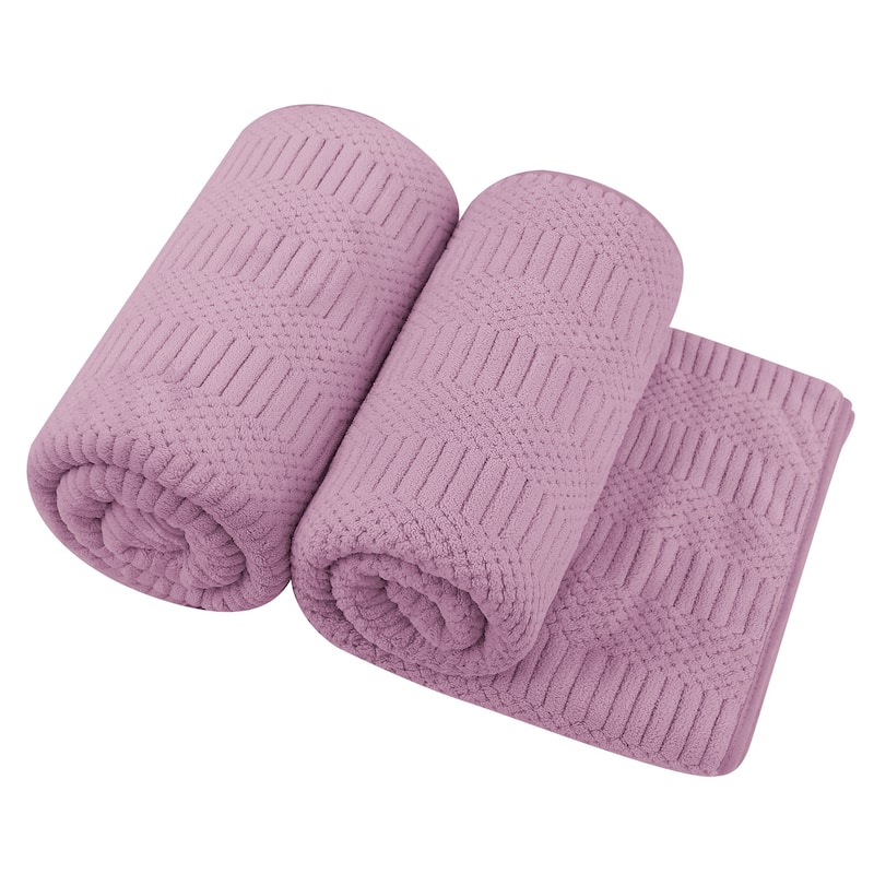 2 Pack Premium Jacquard Fleece Bath Towel, Velvet Highly Absorbent Towels 30"x60" - Purple