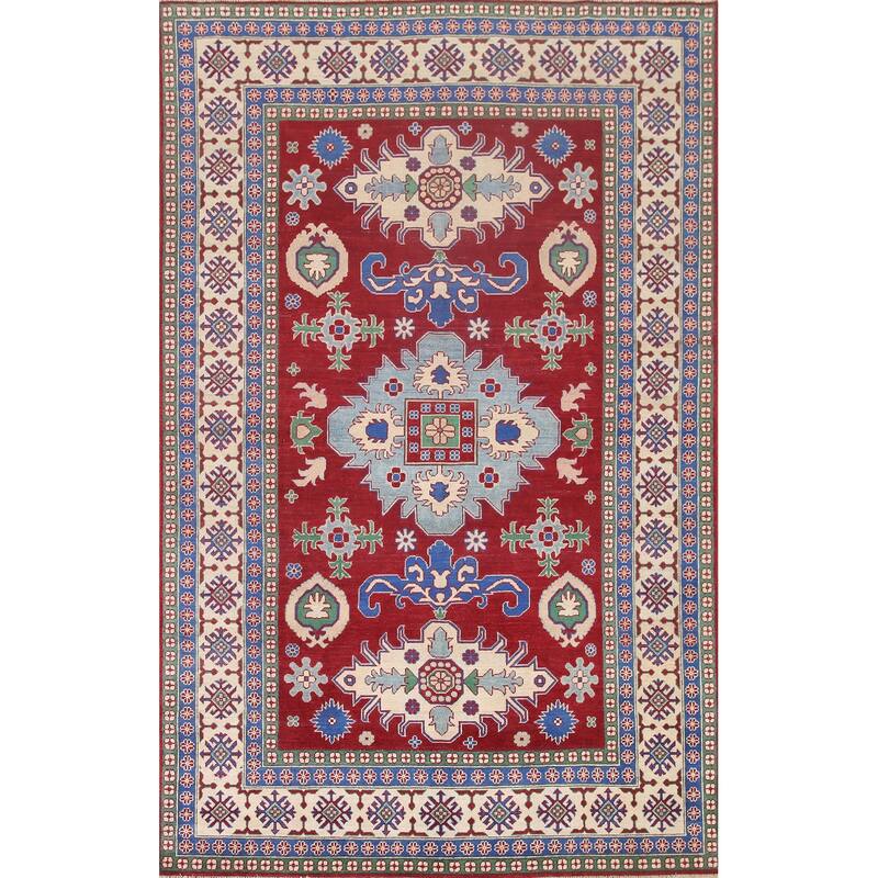 Hand Knotted Oriental 100% Wool Carpet Traditional Geometric Red Kazak Area Rug - 9' 9'' X 6' 6''