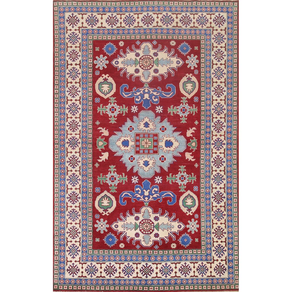 Hand Knotted Oriental 100% Wool Carpet Traditional Geometric Red Kazak Area Rug - 9' 9'' X 6' 6''
