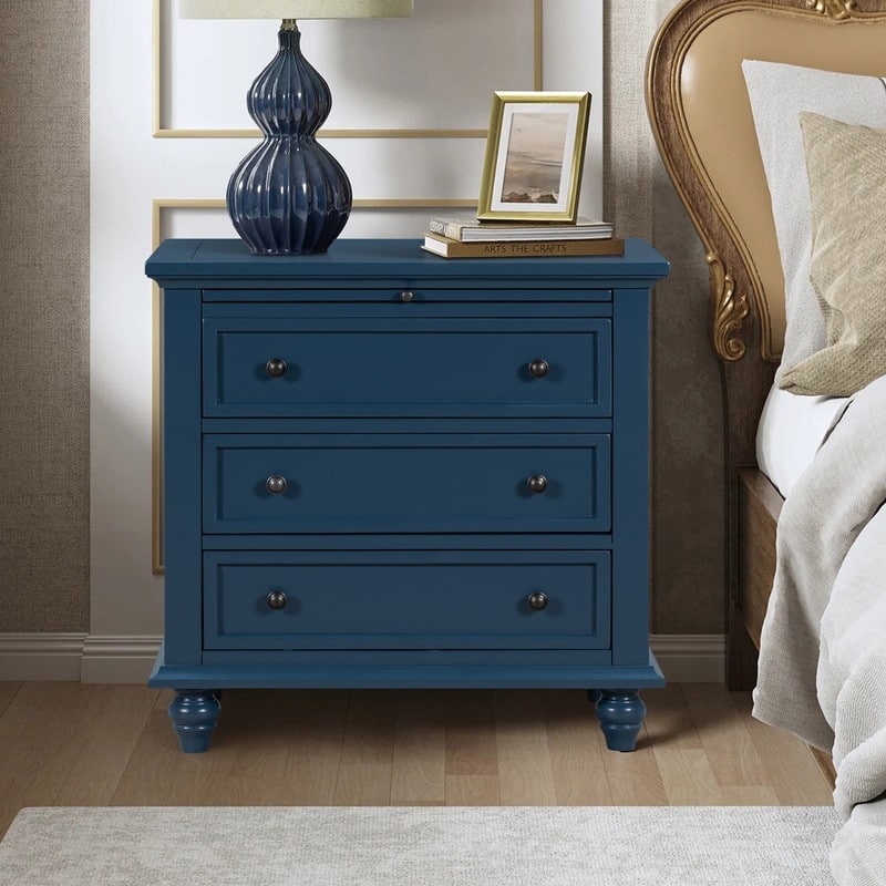 Farmhouse 3-Drawers Wood Nightstands with Pull Out Tray and Solid Wood Legs - Blue